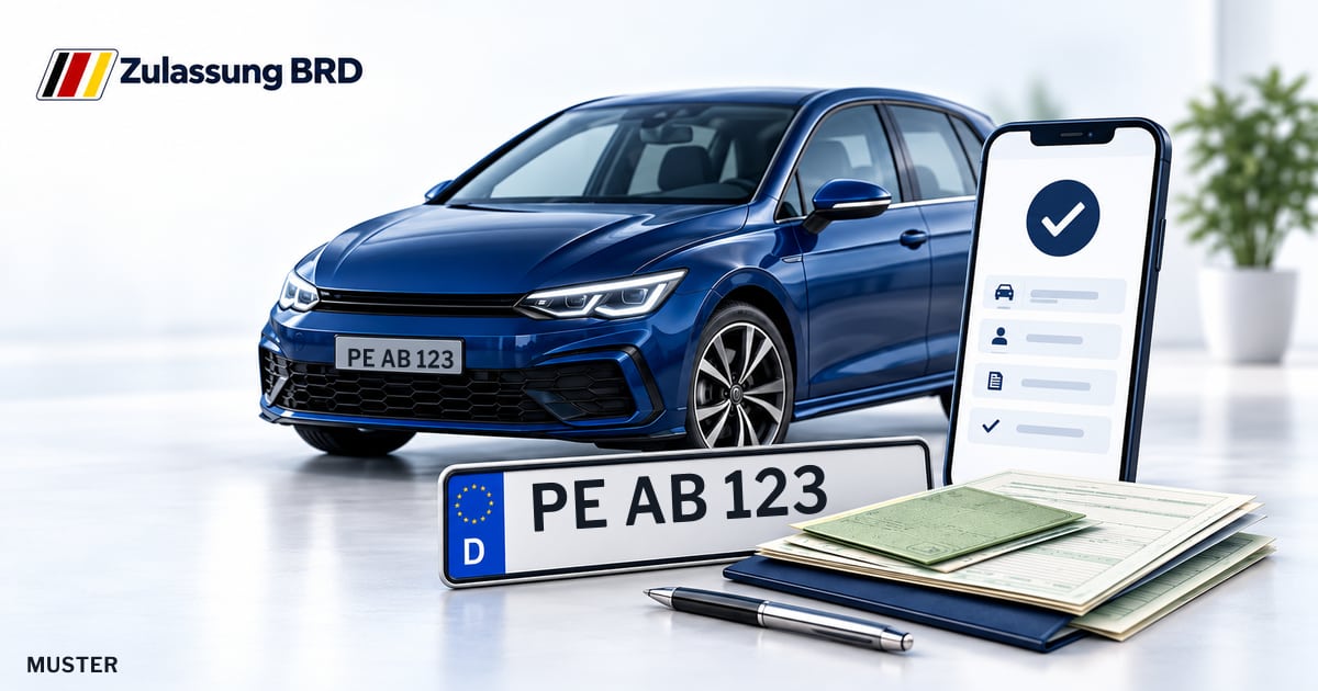 Online Fahrzeugzulassung in Wendeburg: Musterkennzeichen PE AB 123, Auto und Fahrzeugpapiere und Smartphone. Illustration mit Logo von Zulassung BRD.
